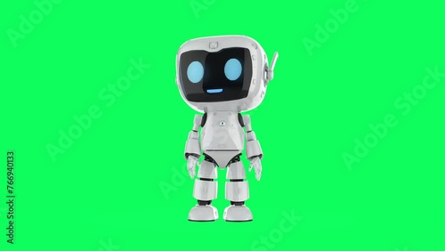 Cute and small artificial intelligence assistant robot with cartoon character look around isolated on green screen video 4k