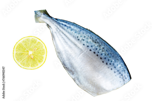 Εκτύπωση καμβά Ready-to-cook raw fresh pompano fish with lemon slice isolated on a white background