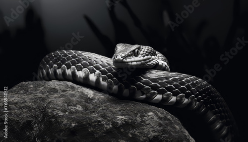 A snake is curled up on a rock