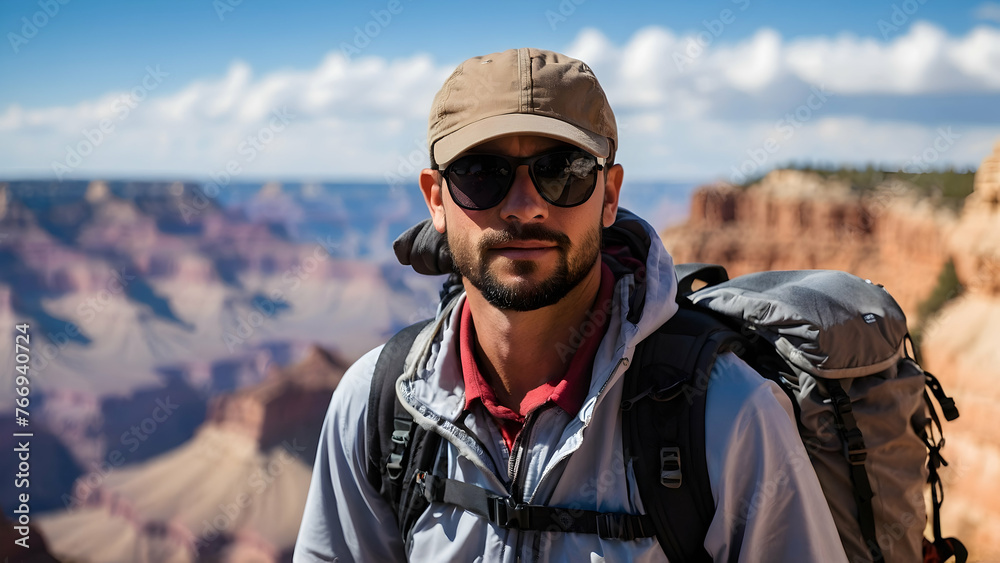 Photo real for Hiker with backpack at the Grand Canyon in Backpack traveling theme ,Full depth of field, clean bright tone, high quality ,include copy space, No noise, creative idea