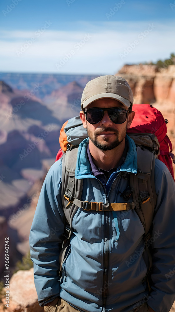 Photo real for Hiker with backpack at the Grand Canyon in Backpack traveling theme ,Full depth of field, clean bright tone, high quality ,include copy space, No noise, creative idea