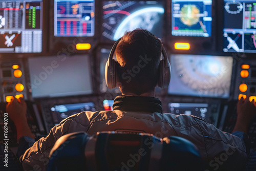 Pilot in Spacecraft Cockpit with Futuristic Controls 