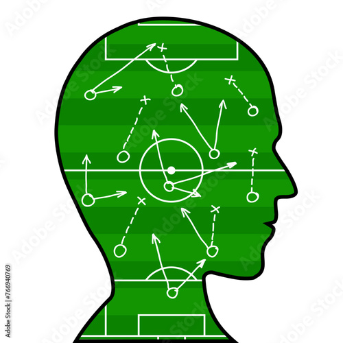 Silhouette of a human head with a drawn scheme and soccer game tactics. Isolated on white background. Stock vector mockup