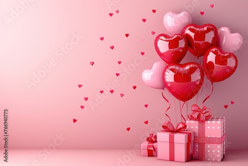 Valentine's day background with red and pink hearts like balloons and gifts on pink background, Generative AI 