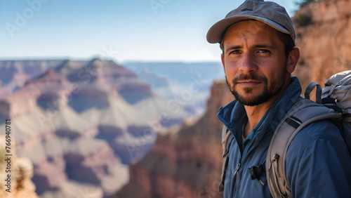 Photo real for Hiker with backpack at the Grand Canyon in Backpack traveling theme ,Full depth of field, clean bright tone, high quality ,include copy space, No noise, creative idea