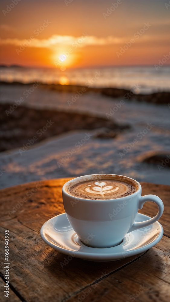 A cup of coffee on a wooden table, sunrise with beach in the background
A cup of coffee on a wooden table, sunrise with beach in the background