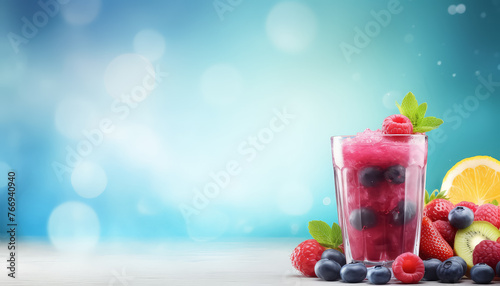 A glass of red juice with a slice of lemon and raspberries on a table