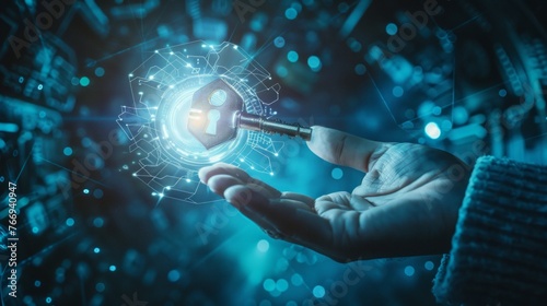 An ethereal hand presents a glowing digital key in a surreal 3D environment, symbolizing cyber-security, digital access, and the unlocking of virtual potentials.