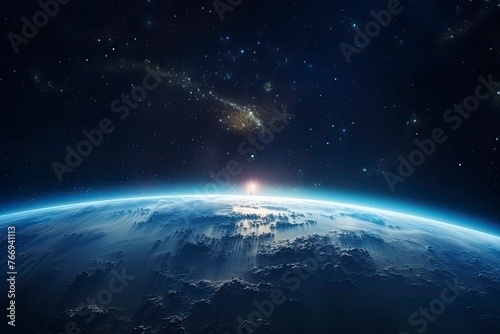 Surface of Earth planet in deep space. Outer dark space wallpaper. Night on planet with cities lights. View from orbit. Elements of this image furnished by NASA - generative ai © Nia™