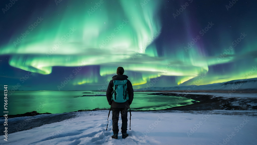 Photo real for Traveler gazing at the Northern Lights in Iceland in Backpack traveling theme ,Full depth of field, clean bright tone, high quality ,include copy space, No noise, creative idea - obrazy, fototapety, plakaty 