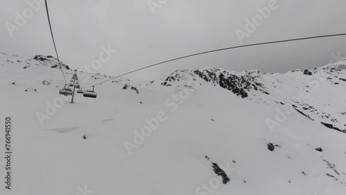 Ski Lifts Moving High Above Mountain photo