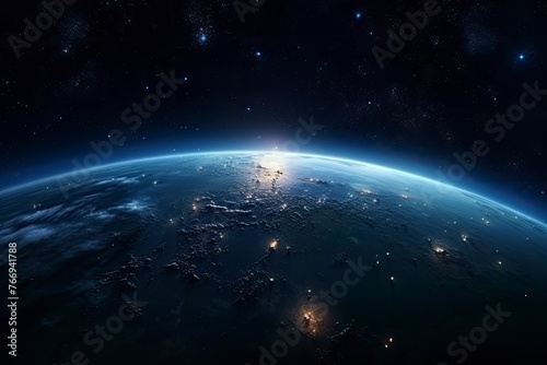 Surface of Earth planet in deep space. Outer dark space wallpaper. Night on planet with cities lights. View from orbit. Elements of this image furnished by NASA - generative ai