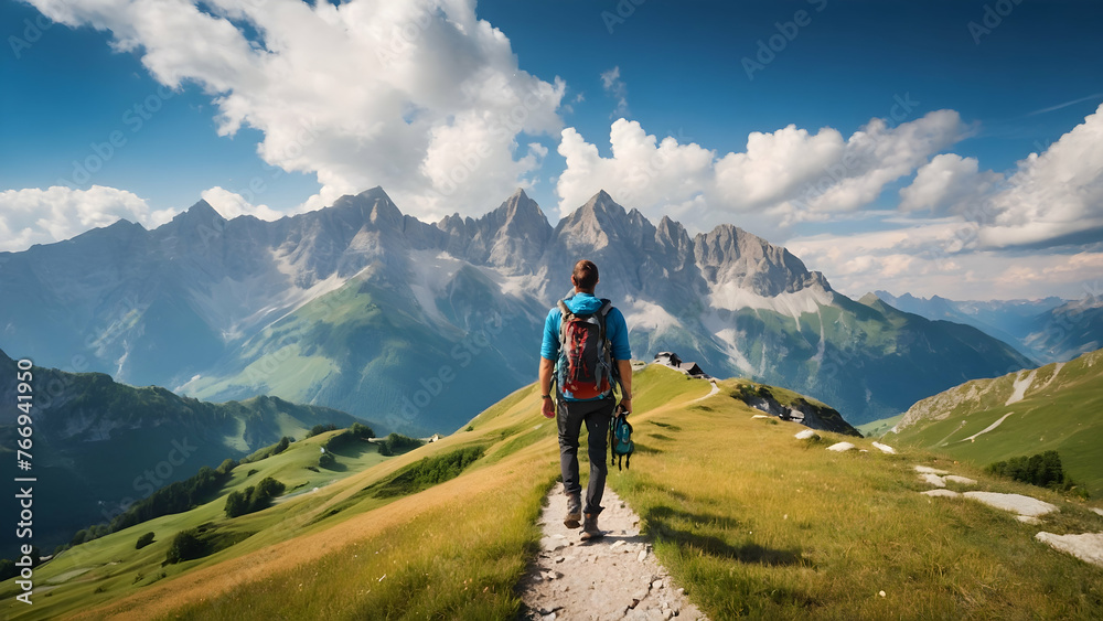 Photo real for Traveler with backpack in the Alps in Backpack traveling theme ,Full depth of field, clean bright tone, high quality ,include copy space, No noise, creative idea