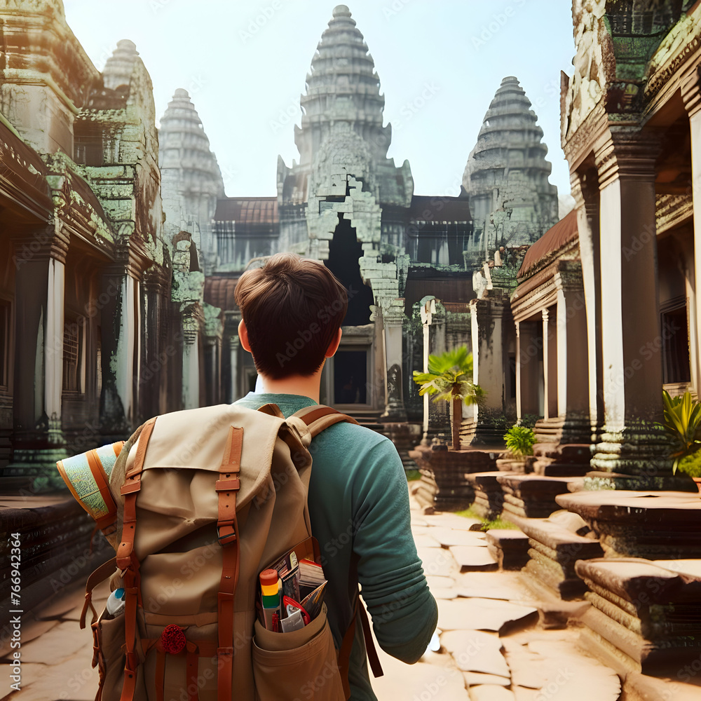 Fototapeta premium Photo real for Backpacker at the ruins of Angkor Wat in Backpack traveling theme ,Full depth of field, clean bright tone, high quality ,include copy space, No noise, creative idea