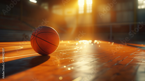 Basketball ball lying on floor on sport arena, stadium with sun light coming into gym. © Thitiporn