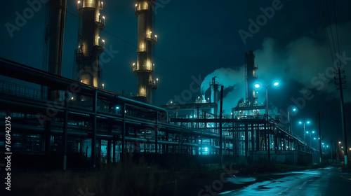 The power industry factory at night.Industry pipeline transport petrochemical, gas and oil processing.