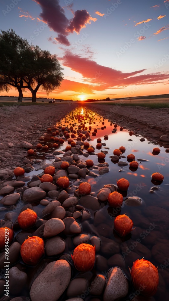 Obraz premium A fiery sunset over a serene prairie. Natural Landscape 