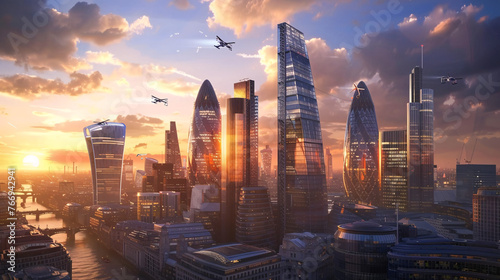 a futuristic cityscape, with towering skyscrapers and flying cars
