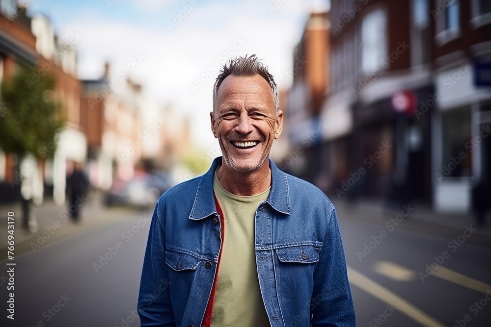 Portrait of a happy senior man laughing while walking down the street Portrait of a happy senior man laughing while walking down the street