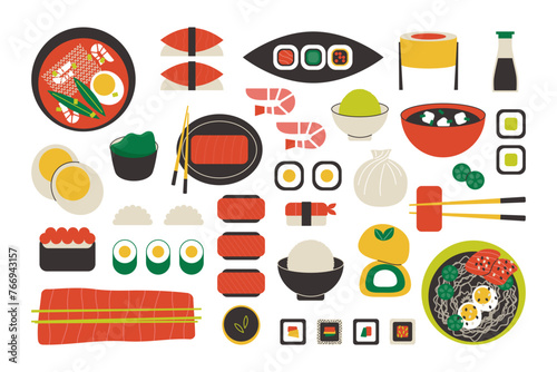 Asian food icons set. Minimal japanese korean thai chinese cuisine, sushi shrimp sashimi salmon rice ramen tom yum soup. Modern flat vector collection