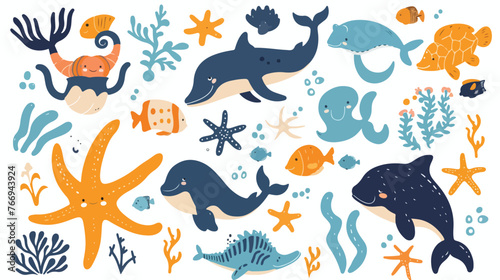 Nursery Ocean Animals Flat vector isolated on white