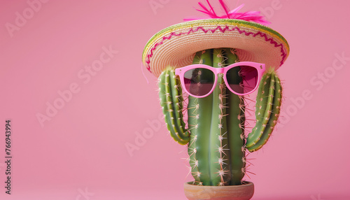 Summer Styled Cactus with Sunglasses and Sombrero on Pink Background