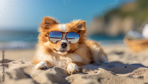 A dog is wearing sunglasses and laying on the beach © terra.incognita