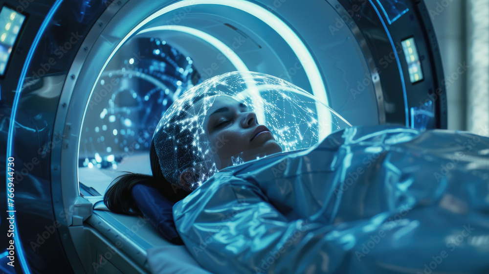 A woman laying down inside an MRI scanner with holographic projections coming out from her head