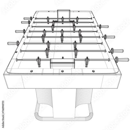 Wireframe Table Football Game Hobby or Leisure Isometric View. Contour Table Soccer. Sport team football players. For entertainment sports. Play and fun concept. Kicker bar football. Kids football. 3D