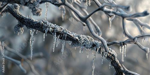 Detailed icicles hanging from frosty tree branches formed during water irrigation system covered with ice glaciated tree branches consequences after freezing rain photo