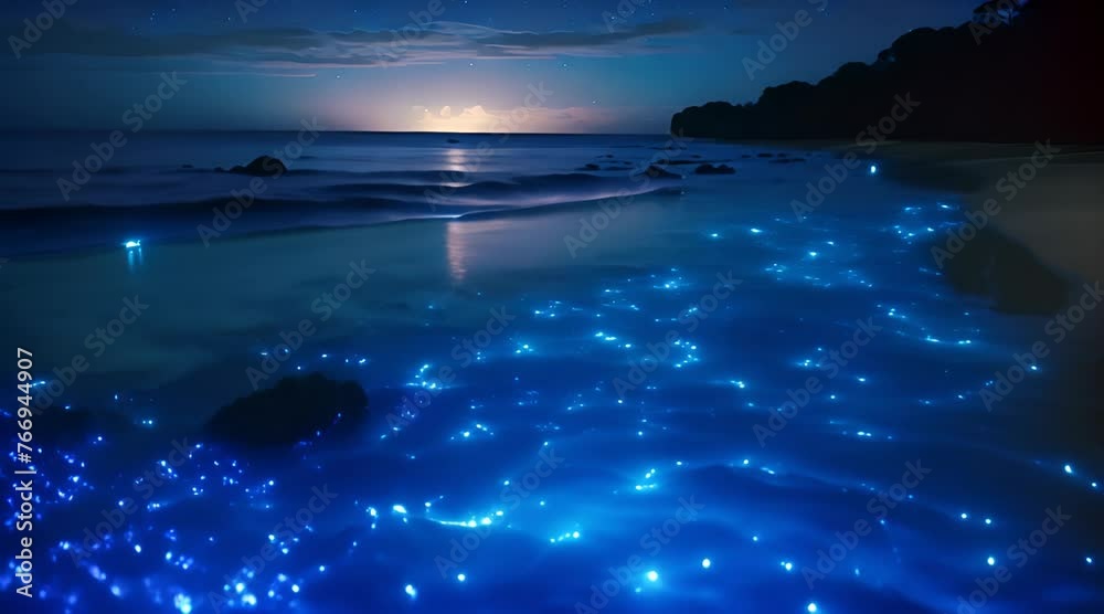 blue shining water in the sea bioluminescence seascape