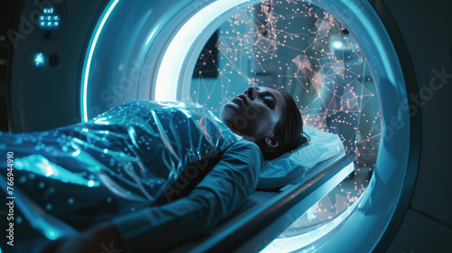 A woman laying down inside an MRI scanner with holographic projections coming out from her head