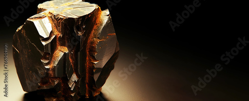 Xenotime is a rare precious natural stone on a black background. AI generated. Header banner mockup with space. photo