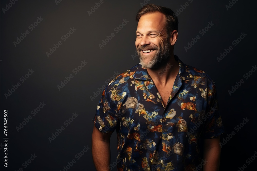 Handsome middle-aged man in a colorful shirt. Studio shot. Handsome middle-aged man in a colorful shirt. Studio shot.