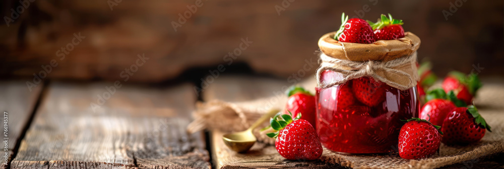 Strawberry jam in a glass jar, rustic style, selective focus