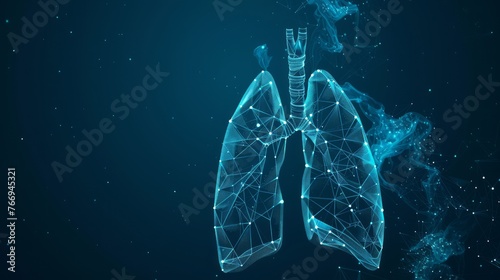 Stunning 3D visualization of human lungs in a low poly wireframe style, glowing with a dynamic blue tone against a dark backdrop, representing health, biology, and technology integration.