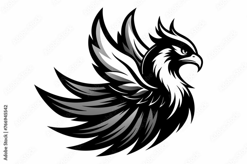 Phoenix in vector profile in black and white on a transparent background
