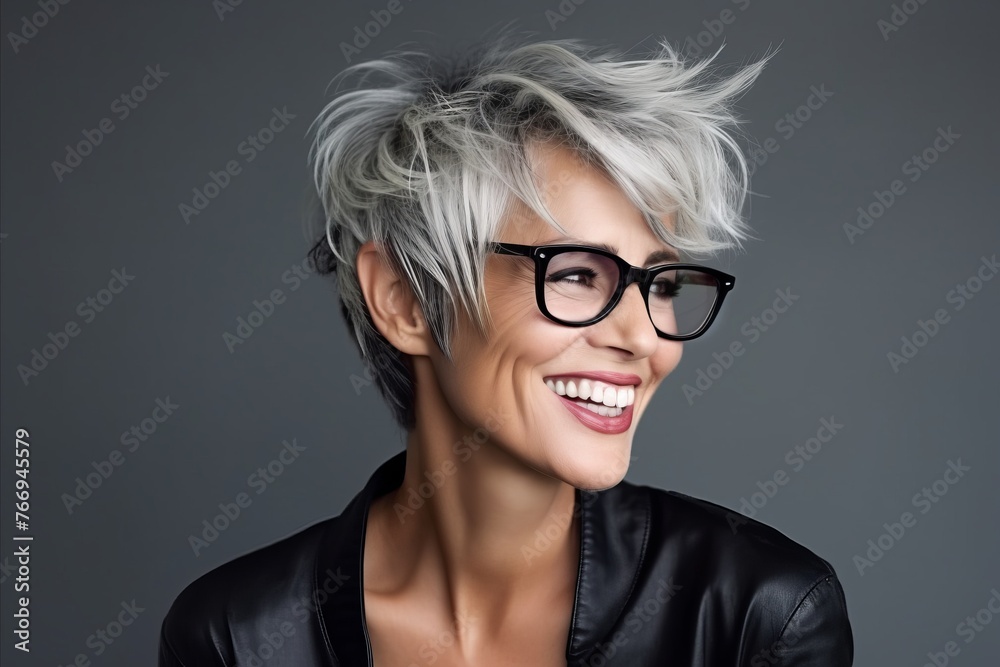 Portrait of a beautiful woman with short gray hair and glasses. Portrait of a beautiful woman with short gray hair and glasses.