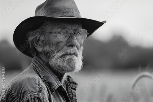 Elderly farmer with a weathered face wearing a hat. Black and white portrait photography with focus on character and life experience. Rural lifestyle and agriculture concept