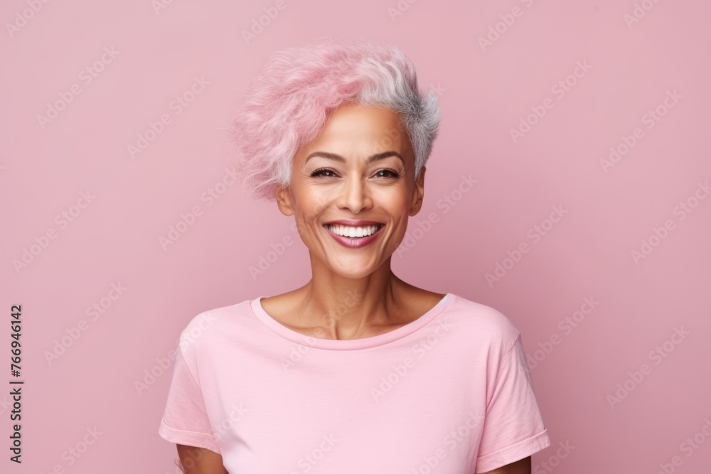 Happy middle aged woman with pink hair smiling at camera over pink background