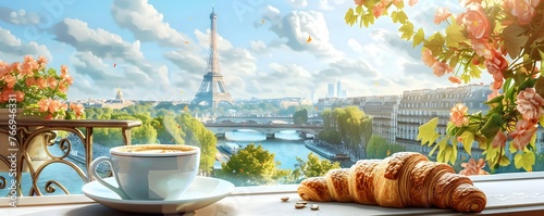 Parisian Balcony Breakfast with Eiffel Tower Backdrop Cozy Cityscape and Culinary Delight