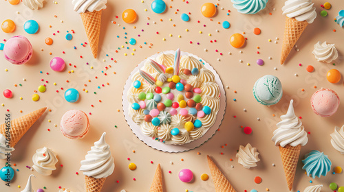 top view pattern of a birthday party table with a cake  meringue cookies and ice cream cones  surrounded candy in bright pastel colors on a beige background