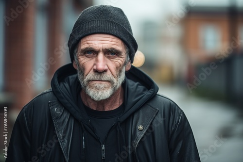 Portrait of an old man with a gray beard in a black jacket on the street