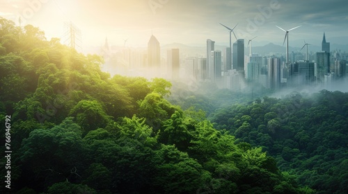 A futuristic cityscape blends with lush greenery  symbolizing sustainable urban living. AIG41