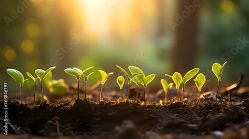 Hopeful Seedlings in Morning Light. Young green seedlings sprout from rich soil, capturing the essence of growth and the potential of new beginnings in nature.