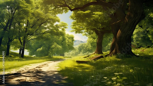 Tree in Fantasy World, A blue sky and Green Field.  Natural Landscape
