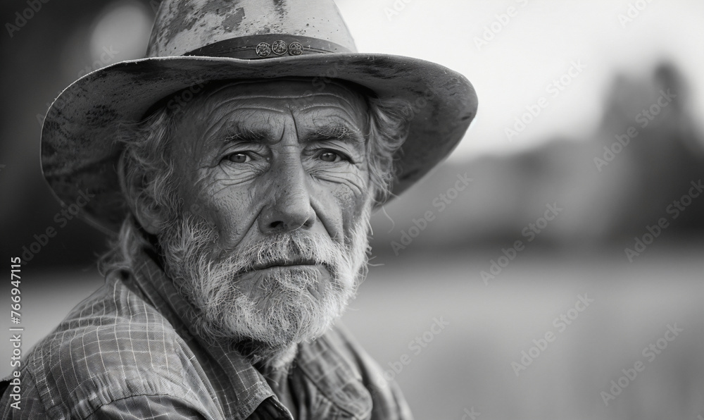 Elderly farmer with a weathered face wearing a hat. Black and white portrait photography with focus on character and life experience. Rural lifestyle and agriculture concept