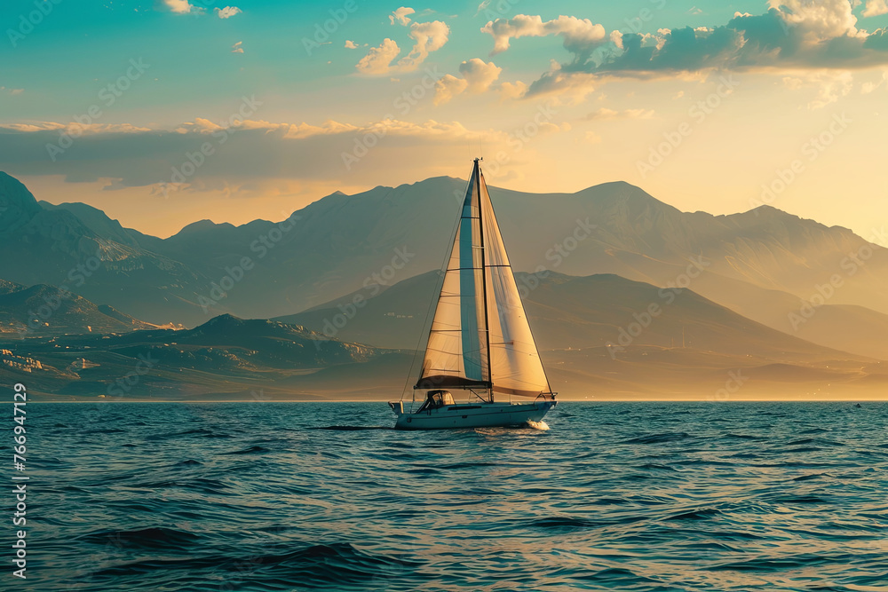 Sailboat in the ocean under the evening sunlight with a beautiful mountainous backdrop - obrazy, fototapety, plakaty 