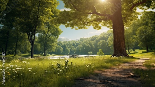 Tree in Fantasy World, A blue sky and Green Field.  Natural Landscape
