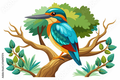 colorful kingfisher sits on tree with big tree  white background